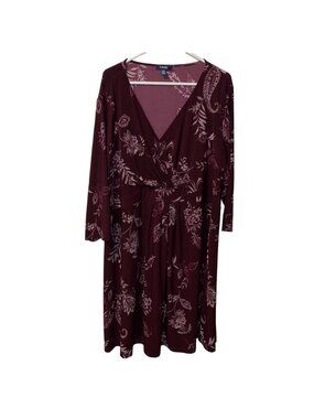 Chaps Womens Floral Print Long Sleeve V-Neck Dress Size 24W Burgundy & Pink